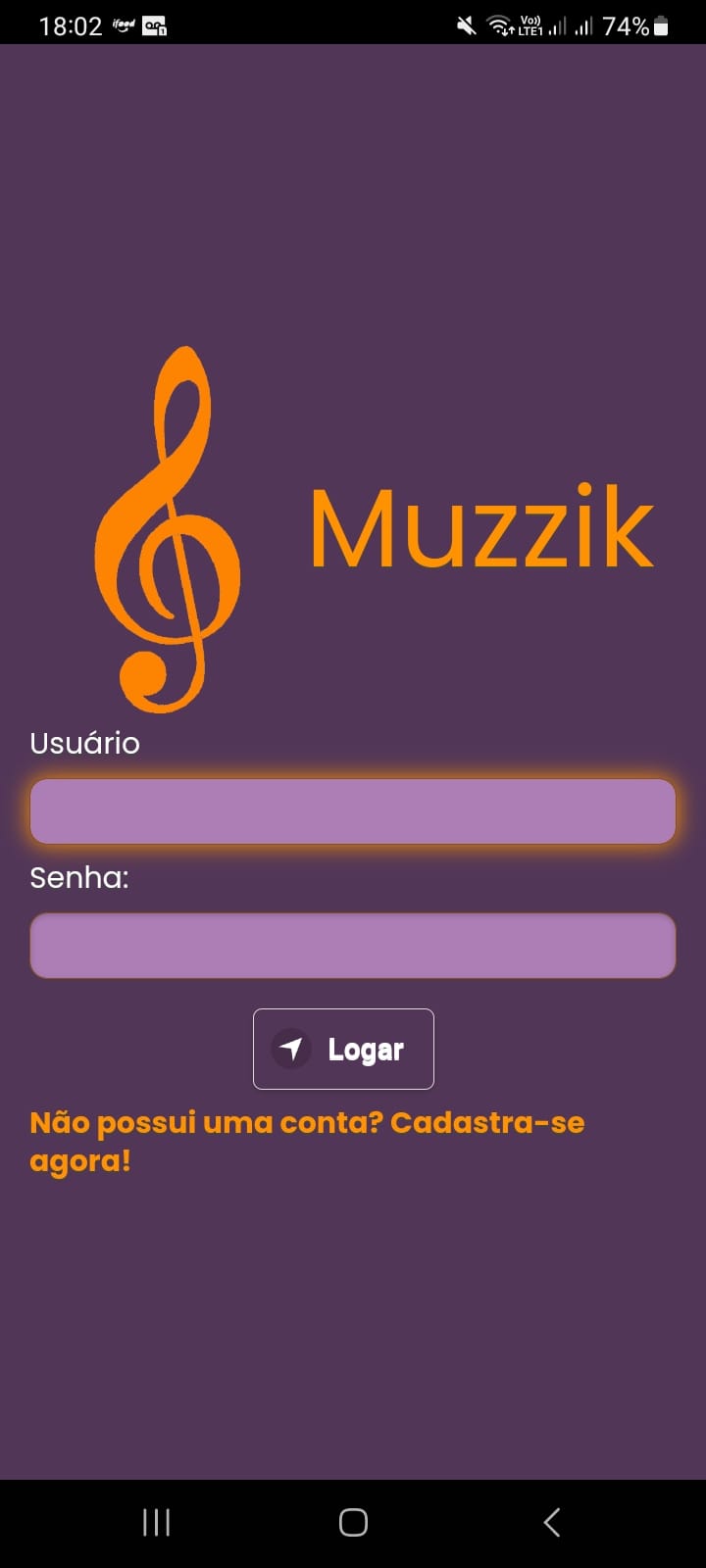 Imagem inicial do Projeto Muzzik, mostrando a tela de login