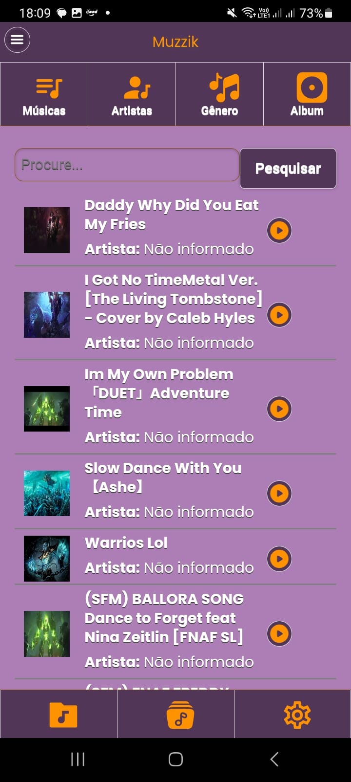 Continuação do Projeto Muzzik, mostrando a tela de inicial de listagem de todas as músicas