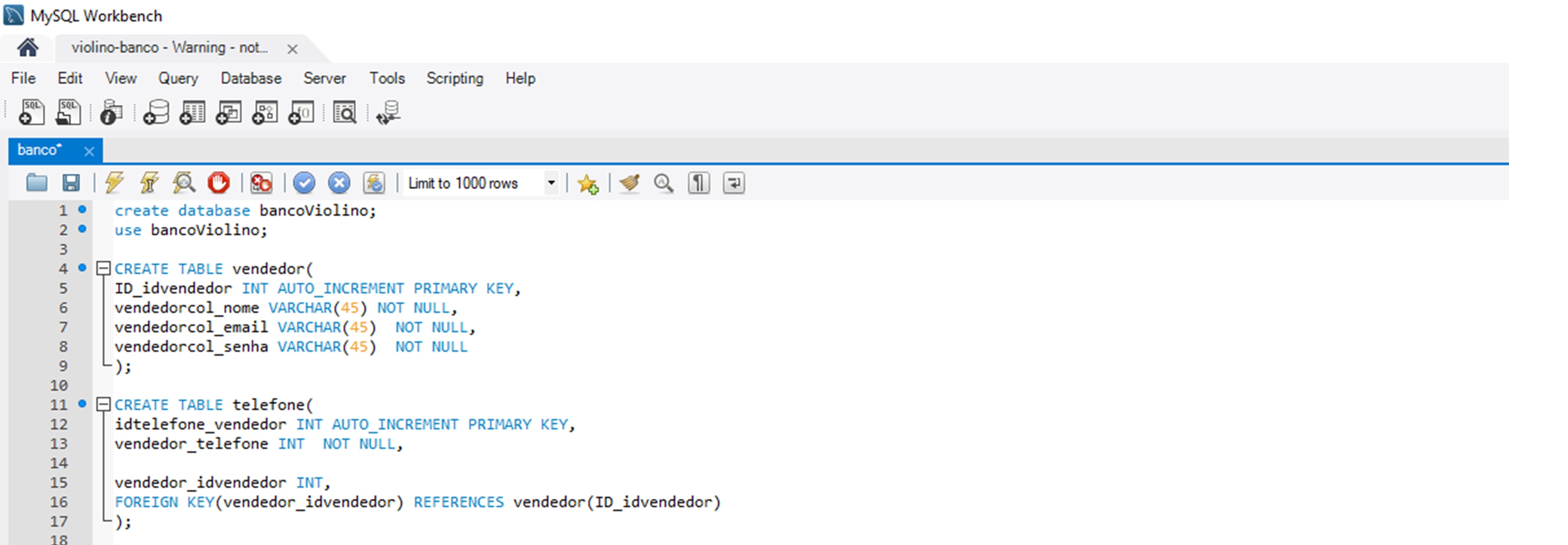 imagem do codigo do banco de dados