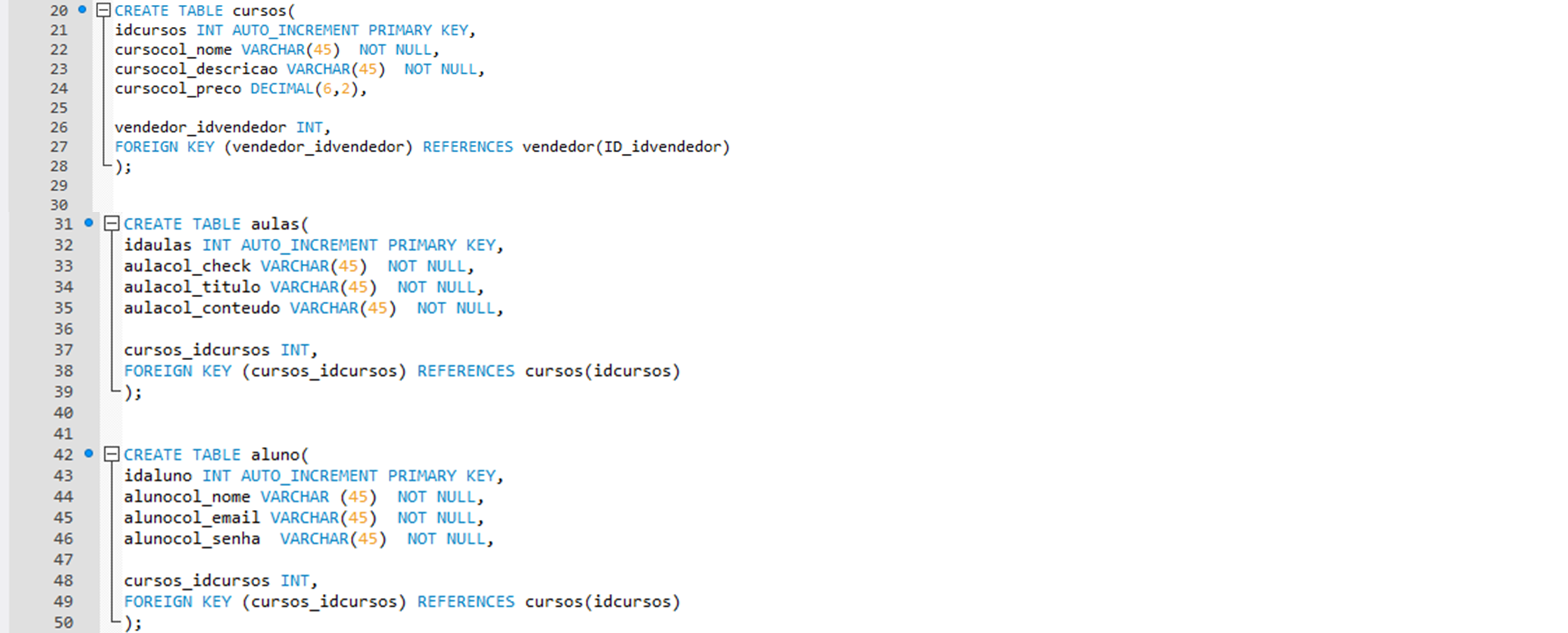 imagem do codigo do banco de dados