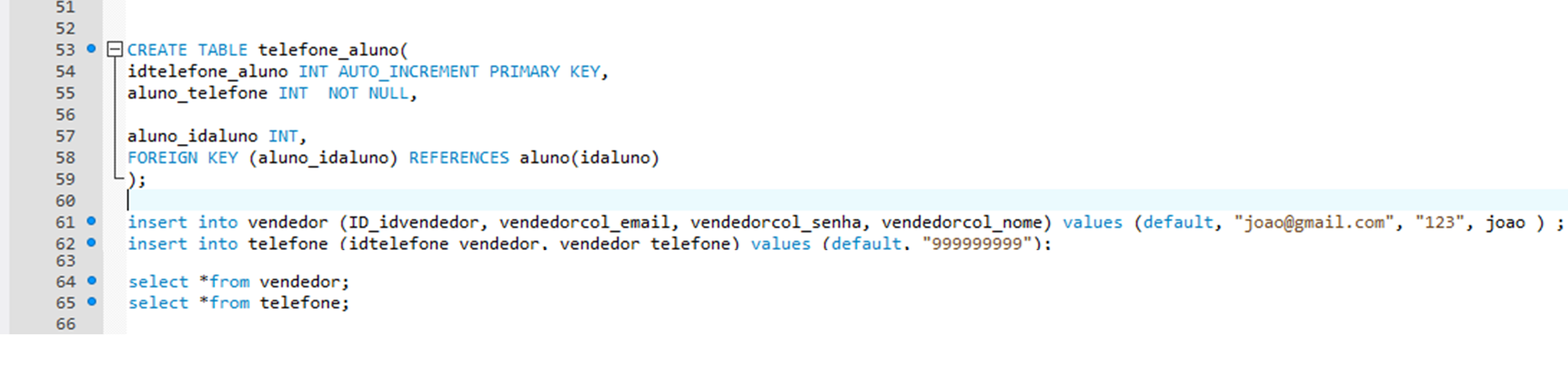 imagem do codigo do banco de dados